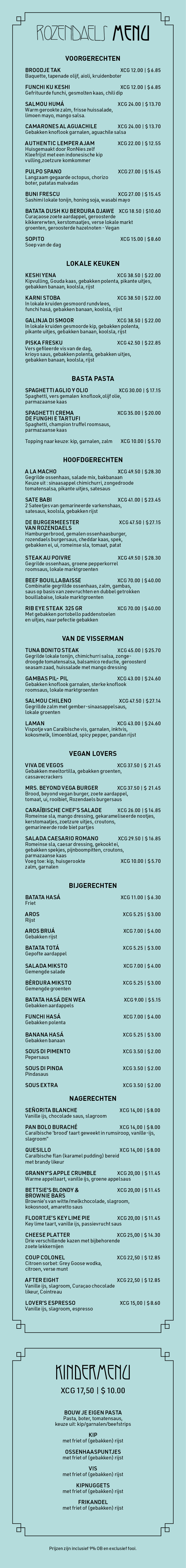 menu restaurant rozendaels in het Nederlands