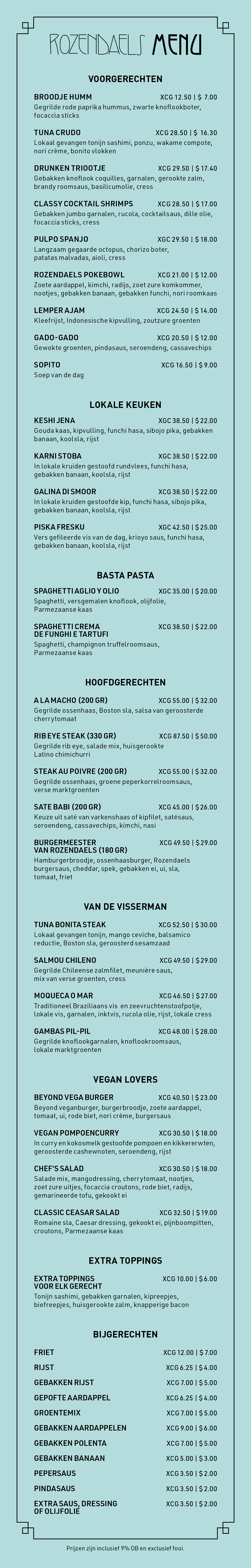 menu restaurant rozendaels in het Nederlands