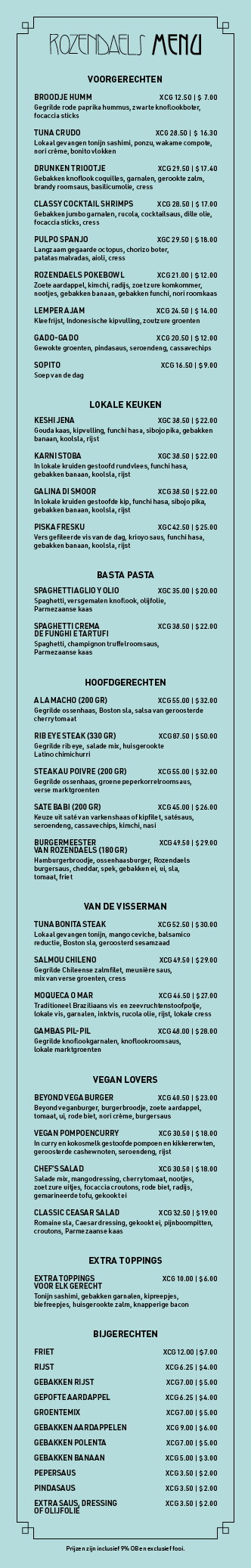 menu restaurant rozendaels in het Nederlands